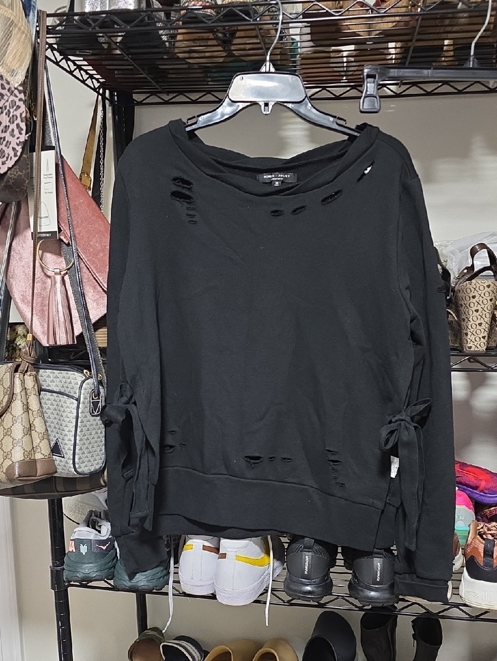 Romeo & Juliet Couture Black Distressed Tie-Side Sweatshirt